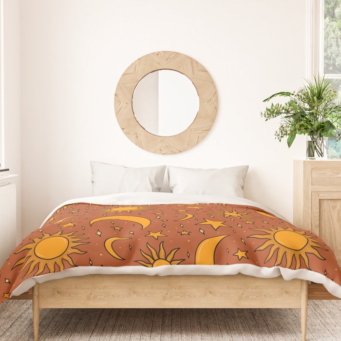 Vintage Sun and Star Print in Rust Duvet Cover Gallery Image 3