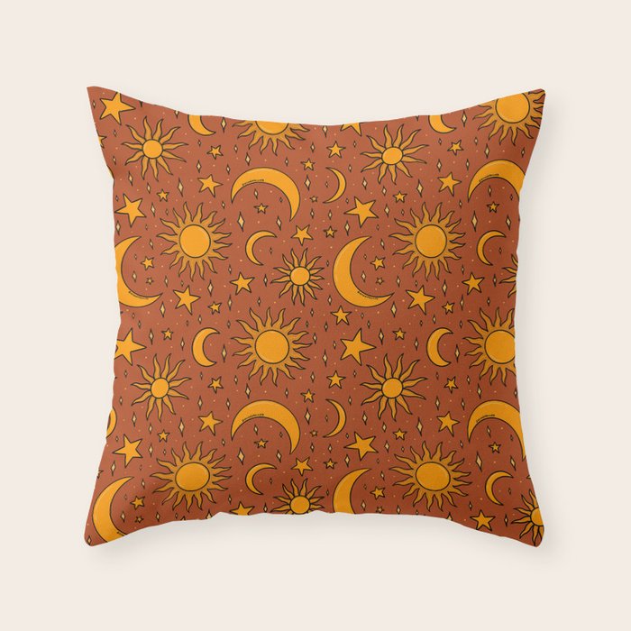 Vintage Sun and Star Print in Rust Throw Pillow Gallery Image 1