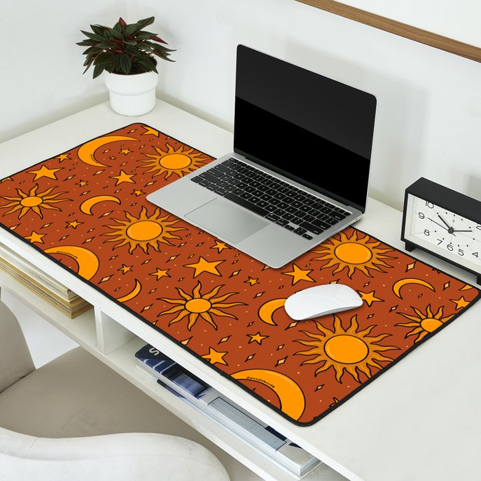Vintage Sun and Star Print in Rust Desk Mat Gallery Image 2