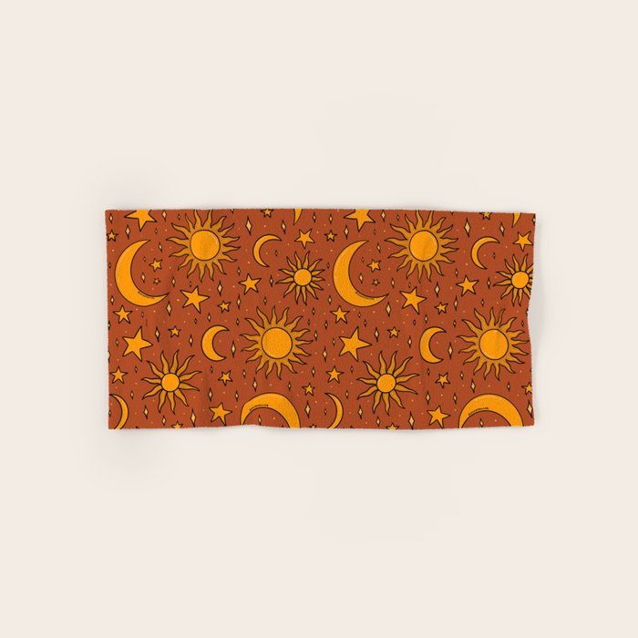 Vintage Sun and Star Print in Rust Bath Towel Gallery Image 1