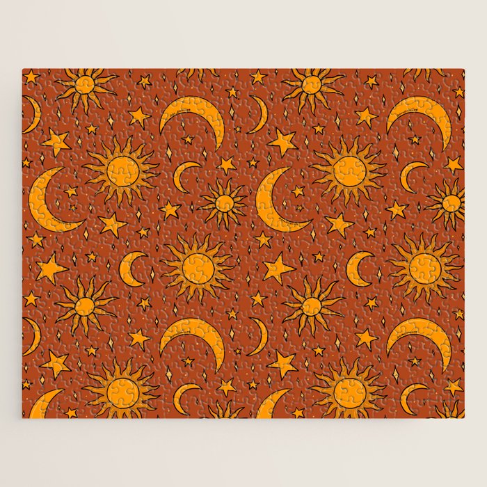 Vintage Sun and Star Print in Rust Jigsaw Puzzle Gallery Image 1