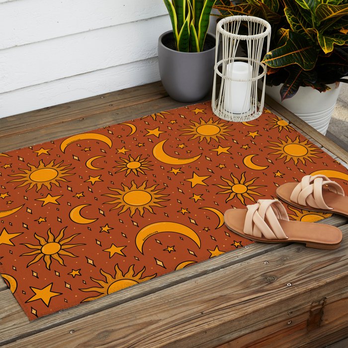 Vintage Sun and Star Print in Rust Outdoor Rug Gallery Image 2
