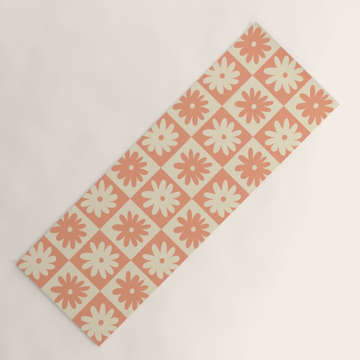 Peach And Off White Checkered Floral Pattern Yoga Mat Gallery Image 1