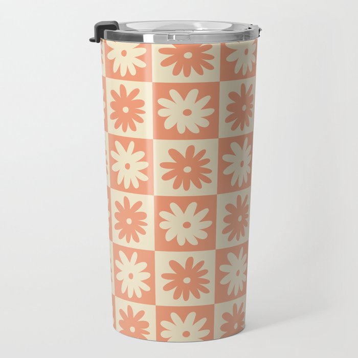 Peach And Off White Checkered Floral Pattern Travel Mug Gallery Image 3