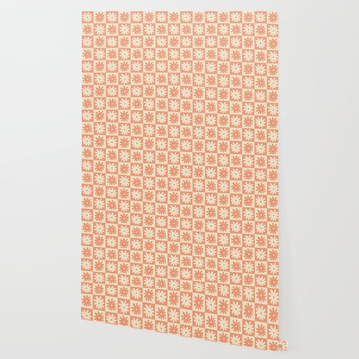 Peach And Off White Checkered Floral Pattern Wallpaper Gallery Image 2