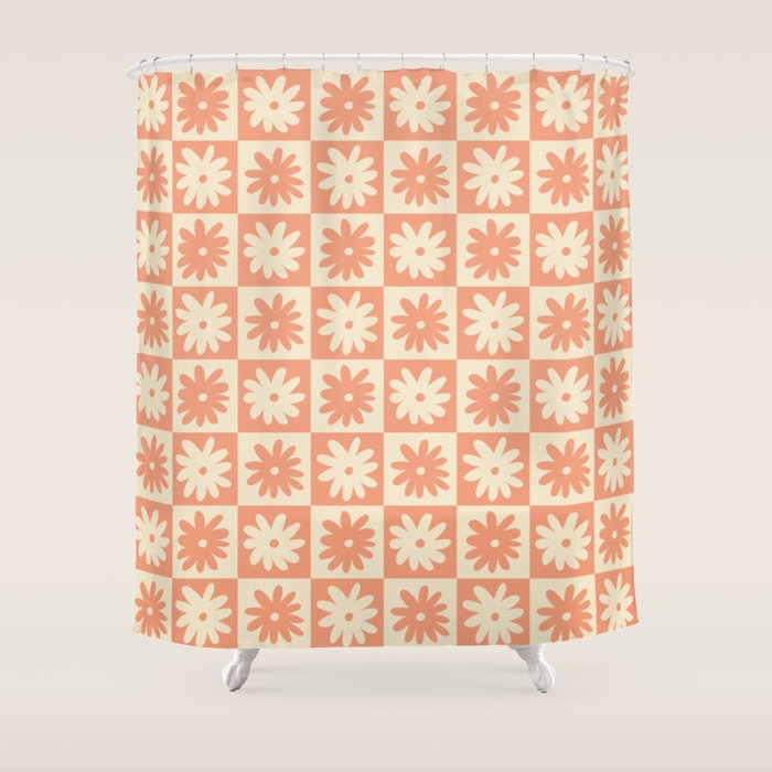 Peach And Off White Checkered Floral Pattern Shower Curtain Gallery Image 1