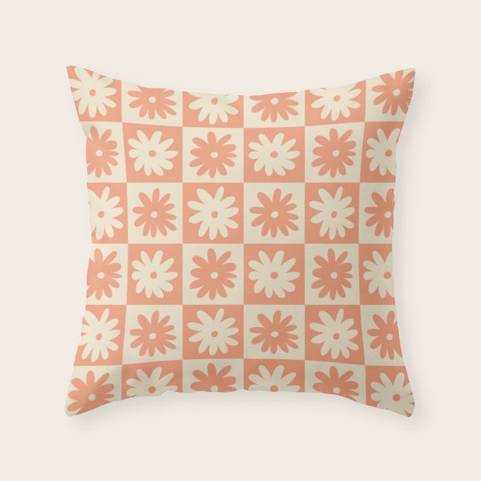 Peach And Off White Checkered Floral Pattern Throw Pillow Gallery Image 6
