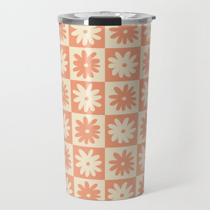 Peach And Off White Checkered Floral Pattern Travel Mug Gallery Image 1