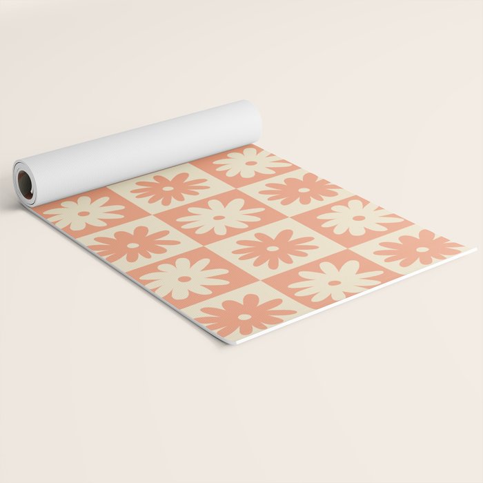 Peach And Off White Checkered Floral Pattern Yoga Mat Gallery Image 2