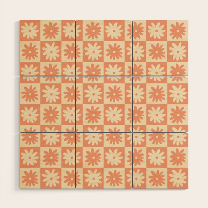 Peach And Off White Checkered Floral Pattern Wood Wall Art Gallery Image 1