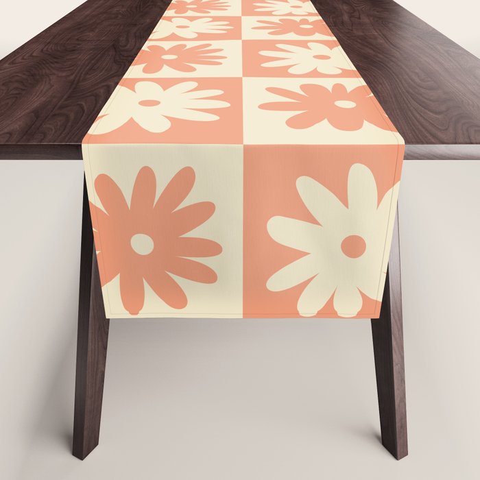 Peach And Off White Checkered Floral Pattern Table Runner Gallery Image 1