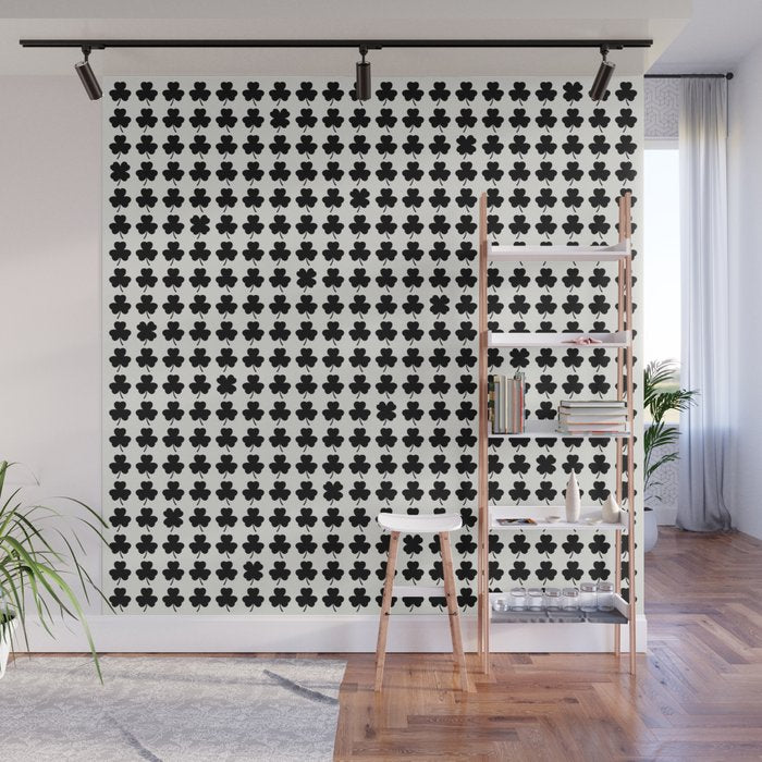 Clovers I Black and White Botanical Pattern Wall Mural Gallery Image 1