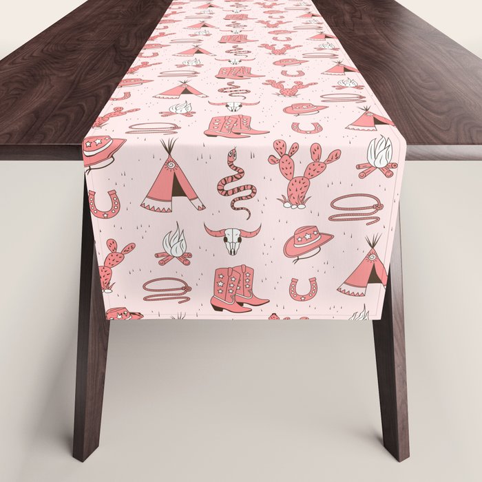 Cute Cowgirl Pattern, Cowboy Print in Blush Pink Table Runner Gallery Image 1