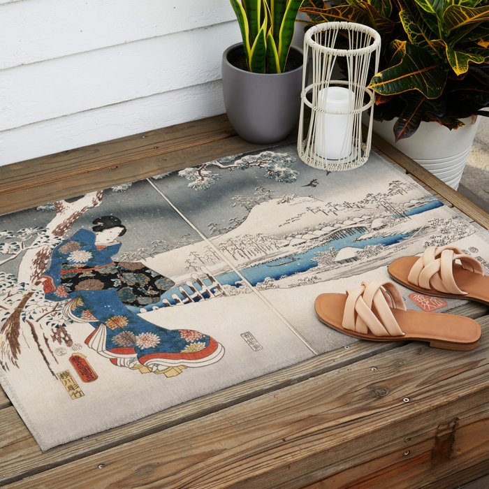 Japanese Vintage Kunisada Hiroshige Snowy Landscape Outdoor Rug Gallery Image 2