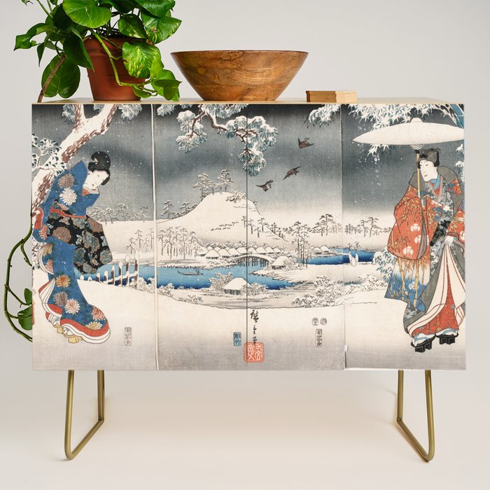 Japanese Vintage Kunisada Hiroshige Snowy Landscape Credenza Gallery Image 1