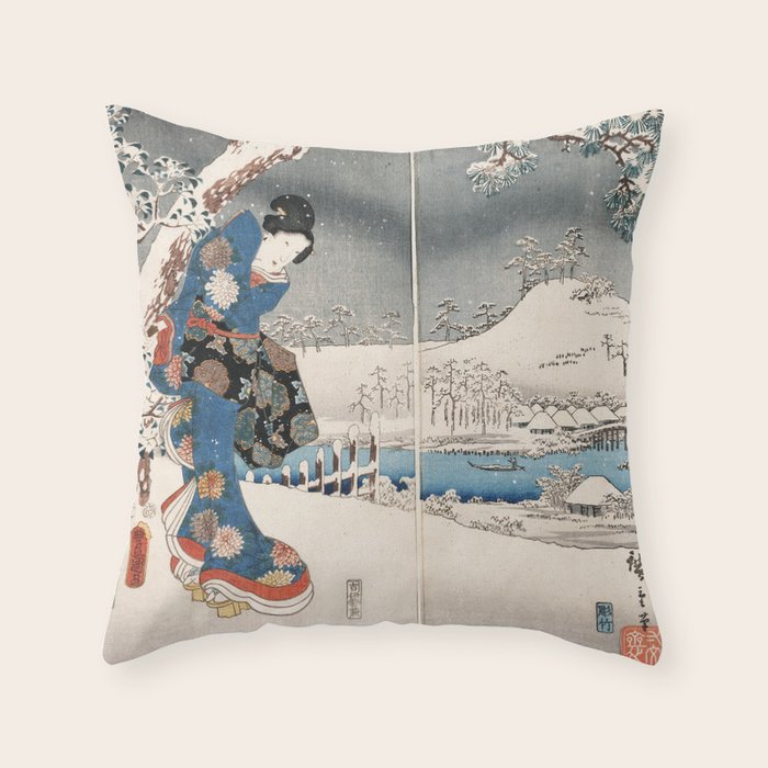 Japanese Vintage Kunisada Hiroshige Snowy Landscape Throw Pillow Gallery Image 6