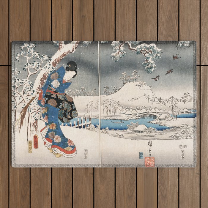 Japanese Vintage Kunisada Hiroshige Snowy Landscape Outdoor Rug Gallery Image 1