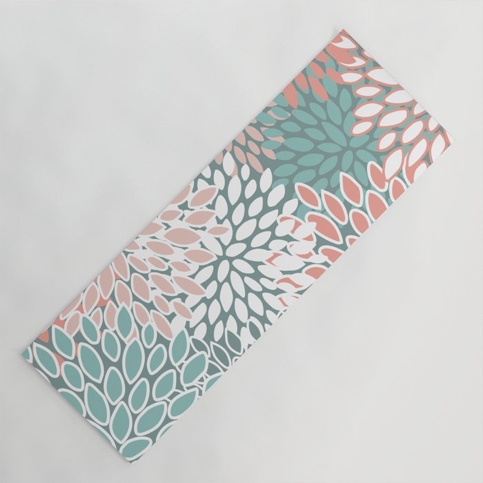 Festive, Floral Prints, Teal and Coral Yoga Mat Gallery Image 1