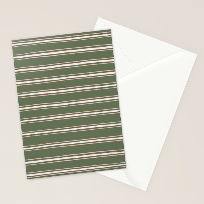 Triple Stripe Pattern Muted Green, Cream, Pink Stationery Card Gallery Image 2