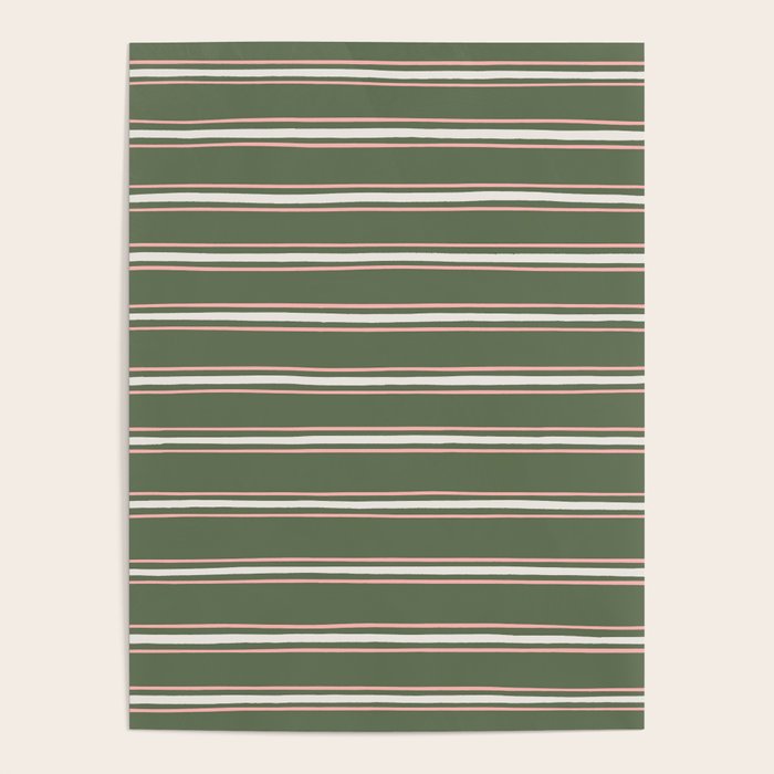 Triple Stripe Pattern Muted Green, Cream, Pink Poster Gallery Image 4