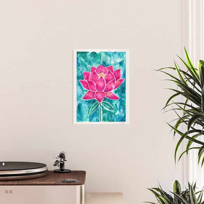 Sacred Lotus - Magenta Blossom with Turquoise Wash Poster Gallery Image 2