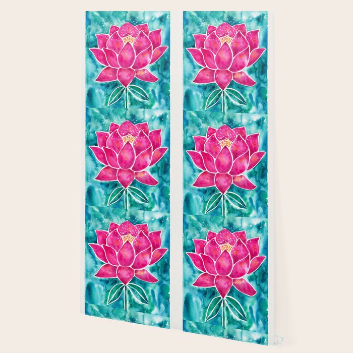Sacred Lotus - Magenta Blossom with Turquoise Wash Wallpaper Gallery Image 2