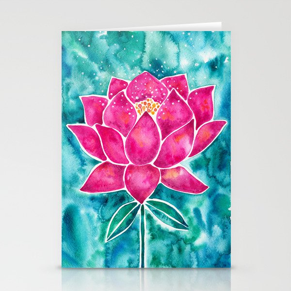 Sacred Lotus - Magenta Blossom with Turquoise Wash Stationery Card Gallery Image 2