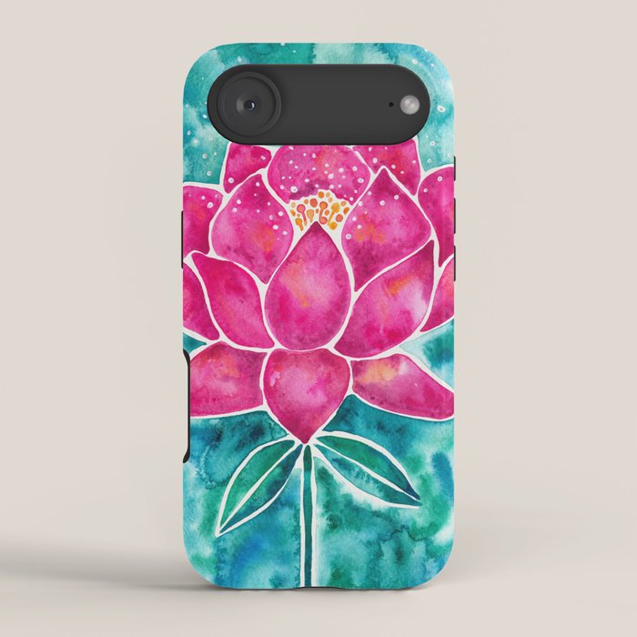 Sacred Lotus - Magenta Blossom with Turquoise Wash iPhone Case Gallery Image 2