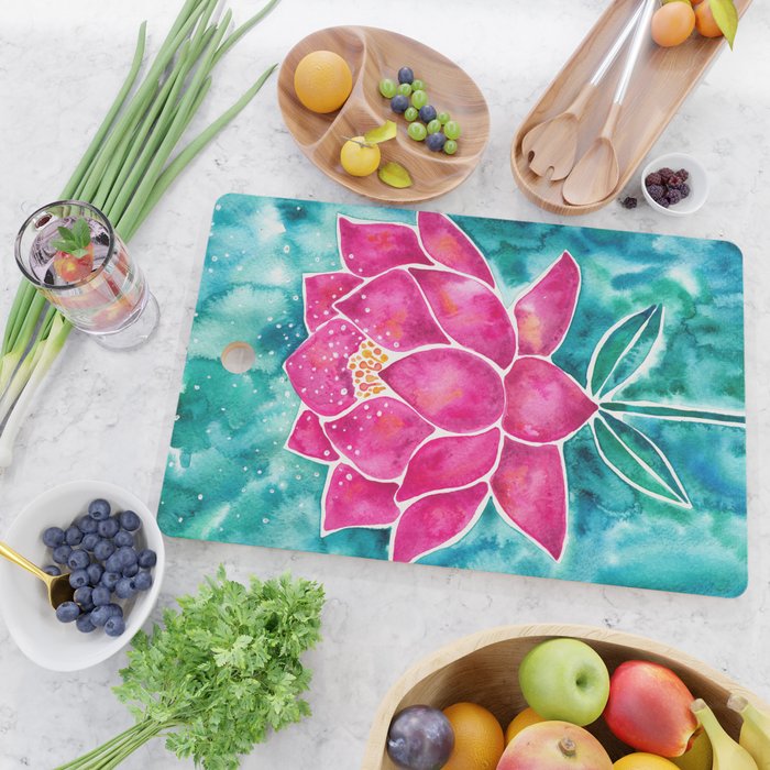 Sacred Lotus - Magenta Blossom with Turquoise Wash Cutting Board Gallery Image 2