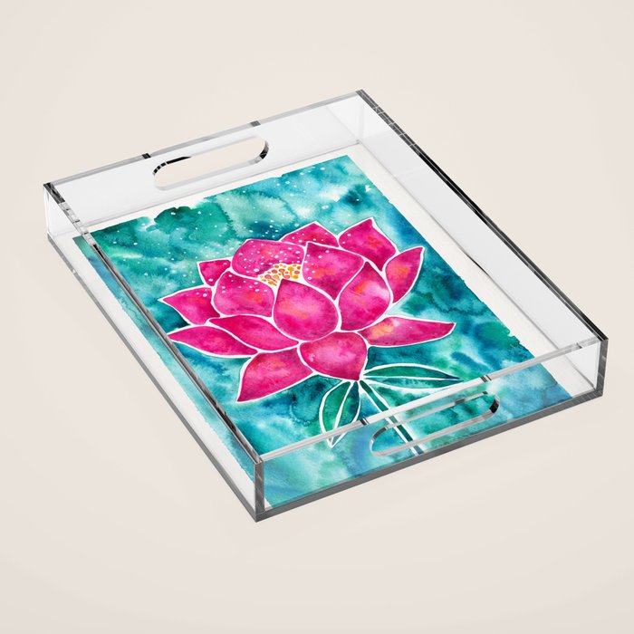 Sacred Lotus - Magenta Blossom with Turquoise Wash Acrylic Tray Gallery Image 1