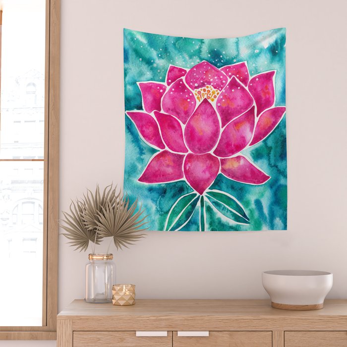 Sacred Lotus - Magenta Blossom with Turquoise Wash Wall Tapestry Gallery Image 2