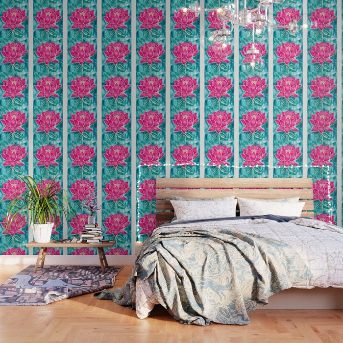 Sacred Lotus - Magenta Blossom with Turquoise Wash Wallpaper Gallery Image 1