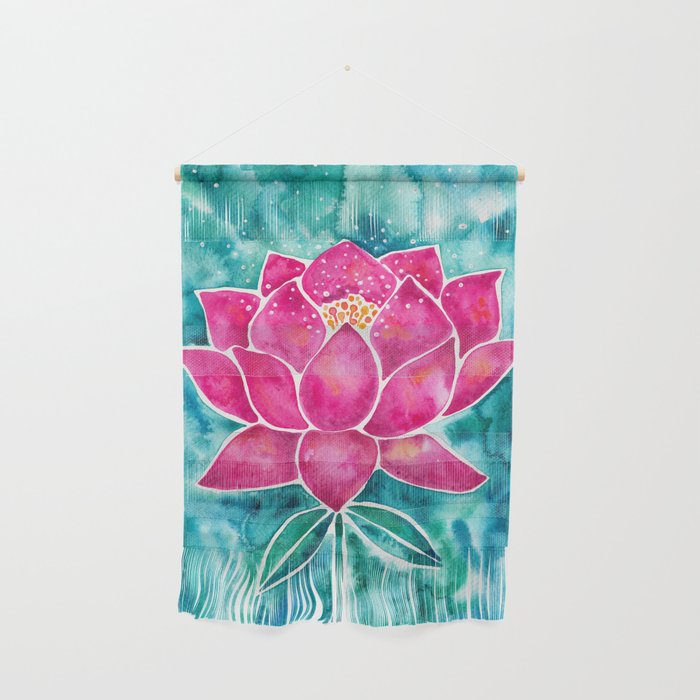Sacred Lotus - Magenta Blossom with Turquoise Wash Wall Hanging Gallery Image 1