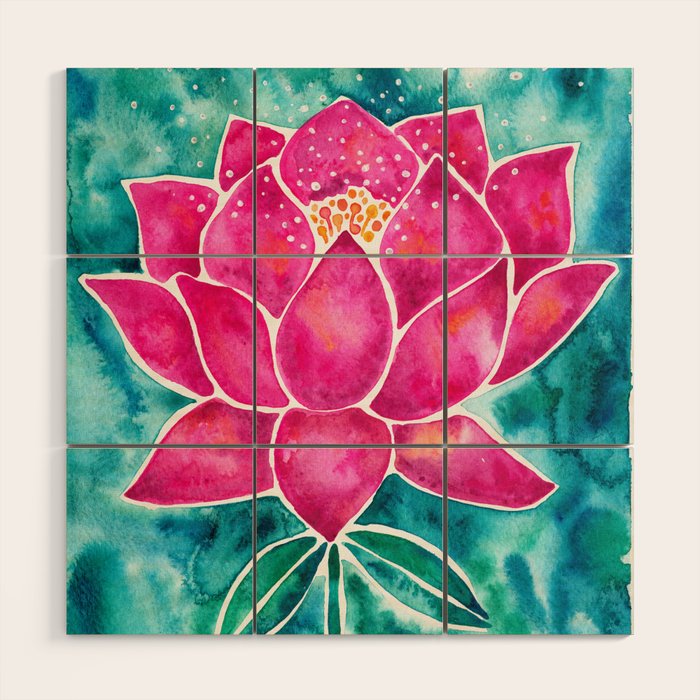 Sacred Lotus - Magenta Blossom with Turquoise Wash Wood Wall Art Gallery Image 1