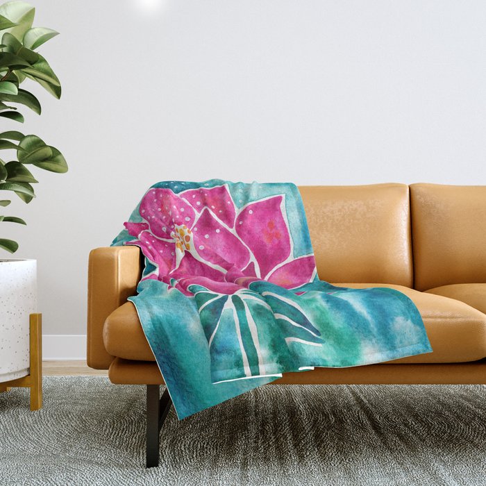Sacred Lotus - Magenta Blossom with Turquoise Wash Throw Blanket Gallery Image 1