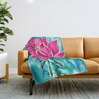 Sacred Lotus - Magenta Blossom with Turquoise Wash Throw Blanket Gallery Image 1