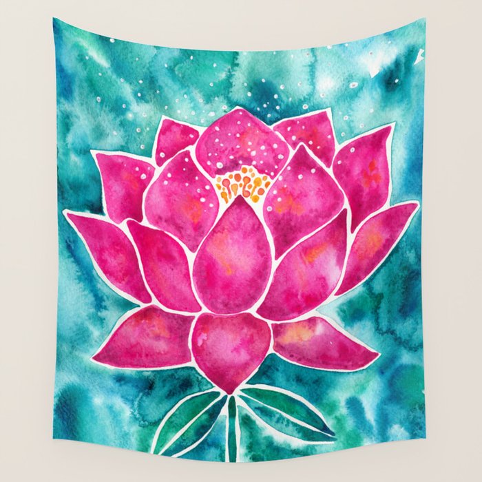 Sacred Lotus - Magenta Blossom with Turquoise Wash Wall Tapestry Gallery Image 4