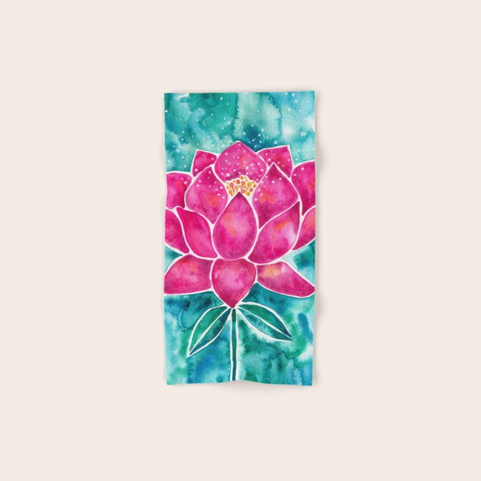 Sacred Lotus - Magenta Blossom with Turquoise Wash Bath Towel Gallery Image 1