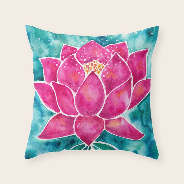 Sacred Lotus - Magenta Blossom with Turquoise Wash Throw Pillow Gallery Image 6