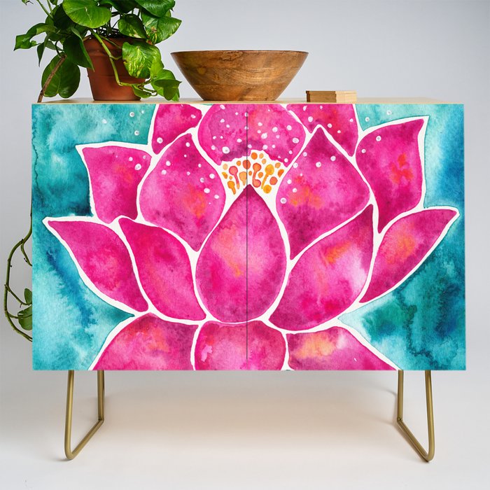 Sacred Lotus - Magenta Blossom with Turquoise Wash Credenza Gallery Image 1