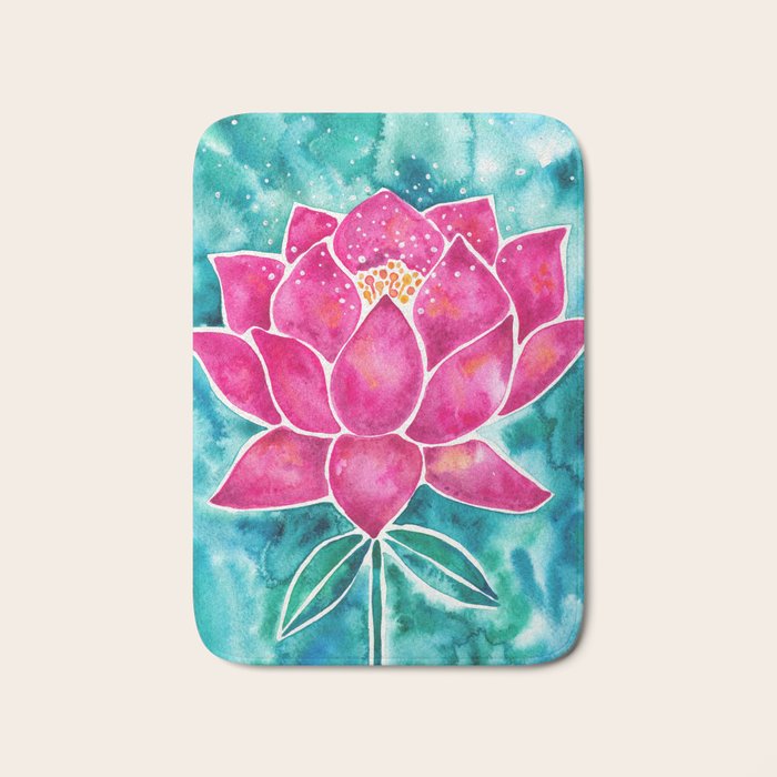 Sacred Lotus - Magenta Blossom with Turquoise Wash Bath Mat Gallery Image 1