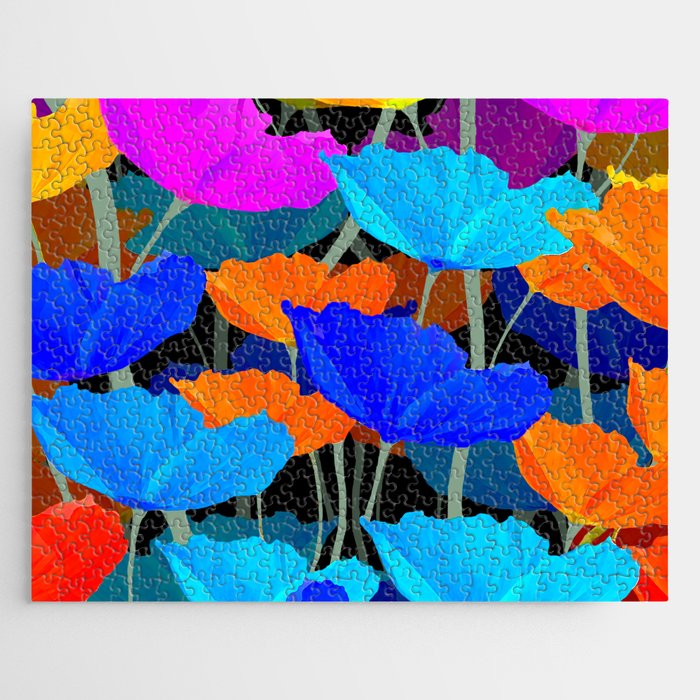 Colorful Poppies on Black Background #decor #society6 #buyart Jigsaw Puzzle