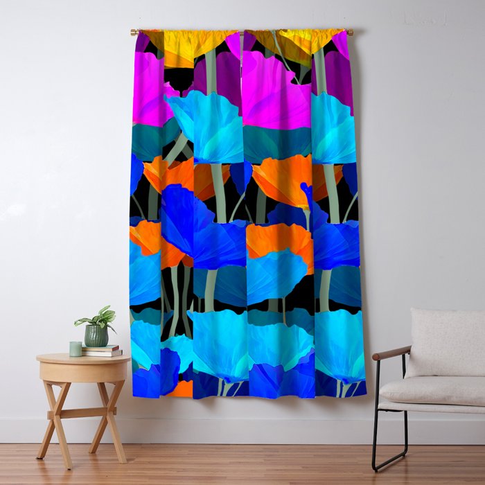 Colorful Poppies on Black Background #decor #society6 #buyart Window Curtain Gallery Image 5