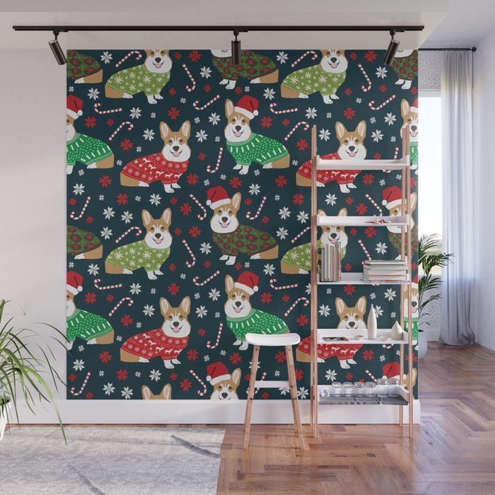 Corgi christmas sweater ugly sweater party with welsh corgis dog lovers dream christmas Wall Mural Gallery Image 1