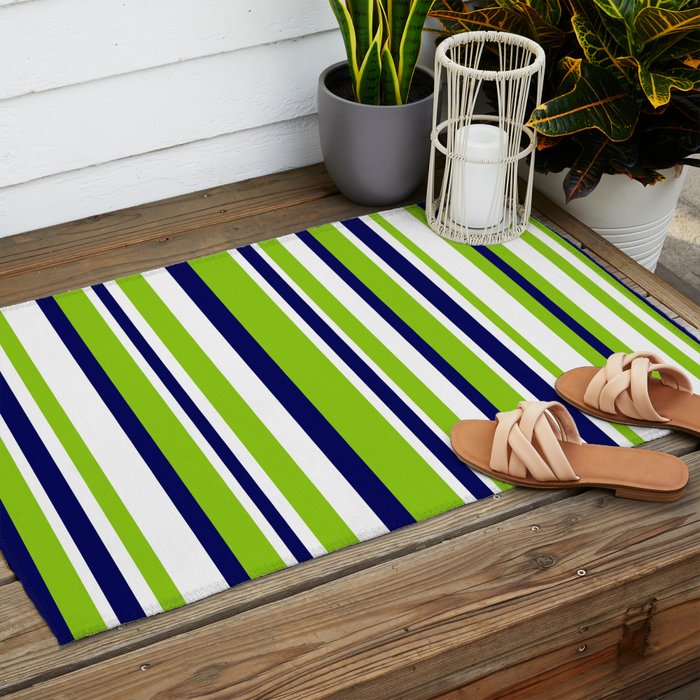 Lime Green Bright Navy Blue and White Vertical Stripes Pattern Outdoor Rug Gallery Image 2