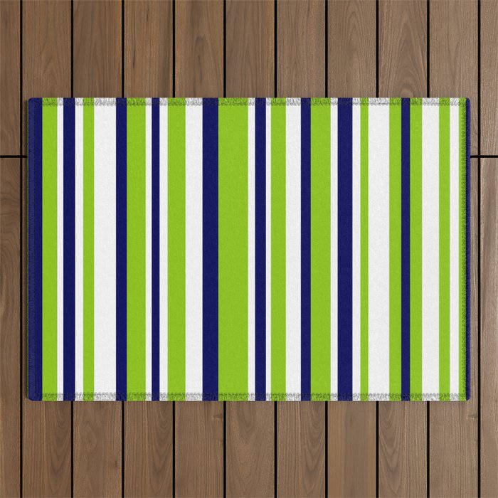 Lime Green Bright Navy Blue and White Vertical Stripes Pattern Outdoor Rug Gallery Image 1