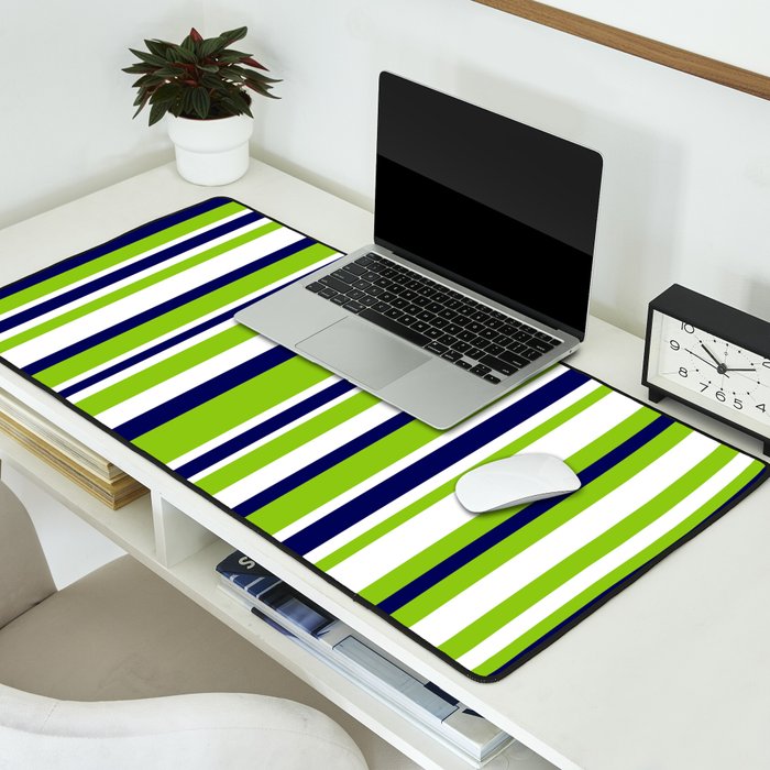 Lime Green Bright Navy Blue and White Vertical Stripes Pattern Desk Mat Gallery Image 2