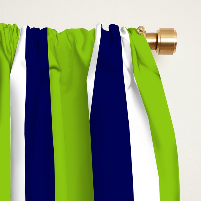 Lime Green Bright Navy Blue and White Vertical Stripes Pattern Window Curtain Gallery Image 2