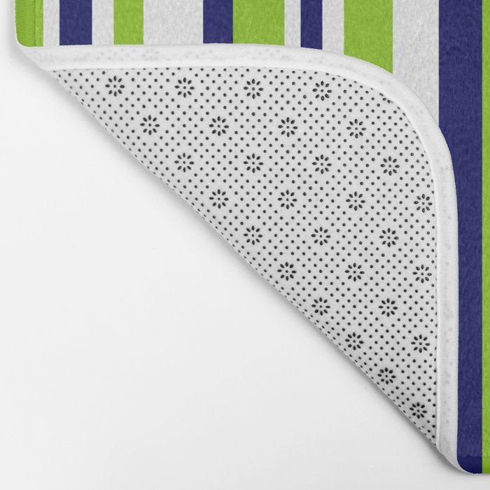 Lime Green Bright Navy Blue and White Vertical Stripes Pattern Bath Mat Gallery Image 2