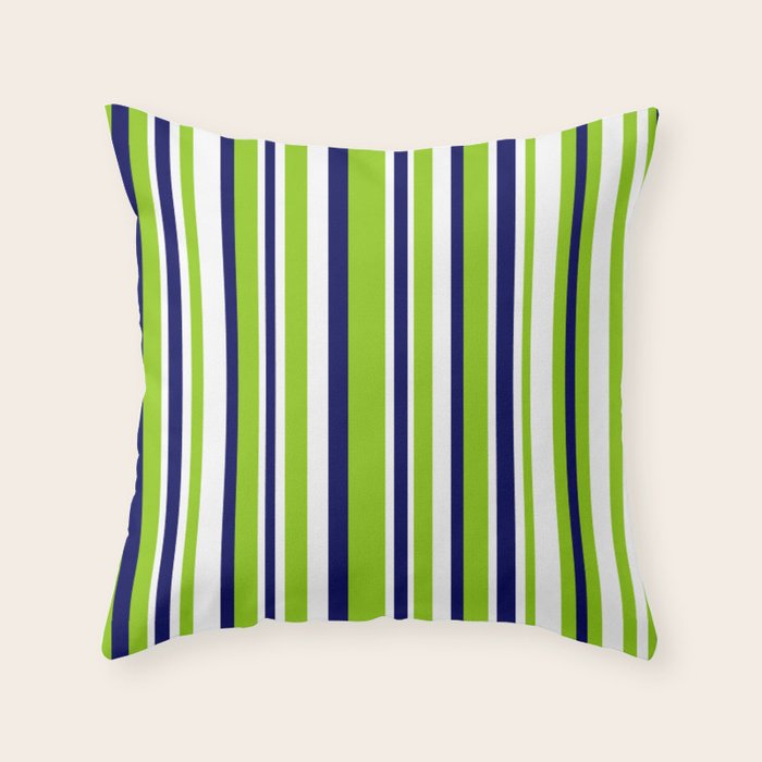 Lime Green Bright Navy Blue and White Vertical Stripes Pattern Throw Pillow Gallery Image 1